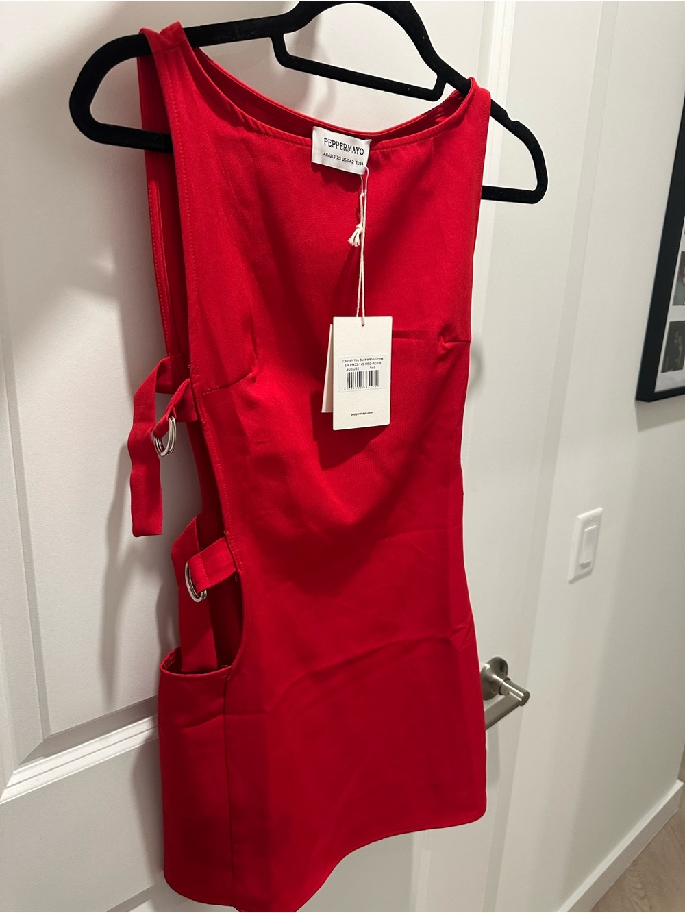 Peppermayo Bold Red Cutout Mini Dress with Buckle Detail - Picture 2 of 4
